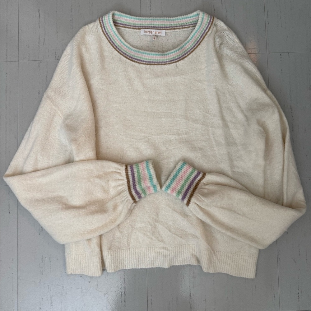 Harper Wren Sweater with Striped Collar and Cuffs